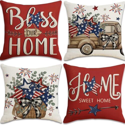1 4th of July Pillow Covers 16x16 Inch Set of 4 Rustic Americana Charm Style, Patriotic Red White and Blue Throw Pillow Covers,Summer Outdoor Couch Bed Decor, Independence Memorial Day Party Decorations