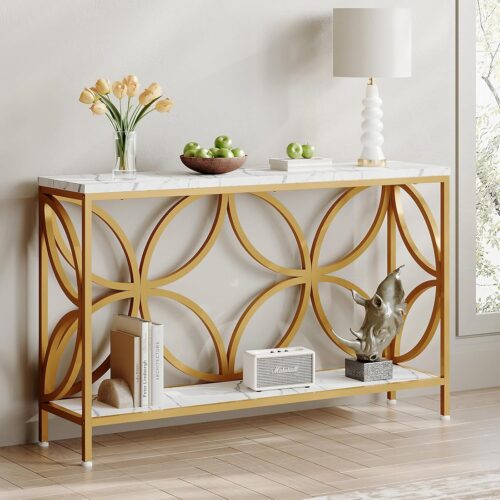 1 Narrow Sofa Table 47.2 Inch, Industrial Sofa Table Behind Couch, Vintage Entry Console Table with Storage for Entryway, Living Room, Foyer, Elegant Design (White and Gold, 47.2)