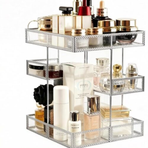 1 360 Degree Rotation Cosmetic Organizer -Premium Makeup Storage with Spin Base,Antique Countertop Cosmetic Storage,Large Capacity,Beauty Display for Countertop,Vanity or Bathroom (silver)