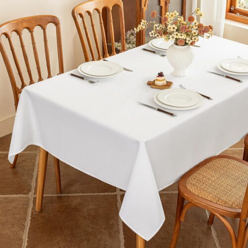 1 Textured White Cloth Tablecloth for 4ft Rectangle Table, Water Resistant & Spill Proof Table Cloth in 4-6 Seats Dining Room Kitchen Patio Outdoor Wedding Party, 52 x 70 Inch