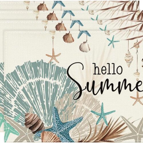 1 Sunshine Starfish Shell Summer Placemats Set of 4, 12x18 Inch Seasonal Spring Holiday Table Mats for Party Kitchen Dining Decoration