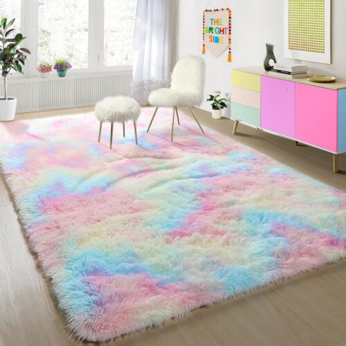 1 4x6 Rainbow Fluffy Soft Plush Area Rugs for Girls Bedroom, Shaggy Vibrant Rugs for Kids Playroom,Kawaii Princess Fuzzy Rugs for Nursery Baby Toddler,Cute Colorful Room Decor for Teenage