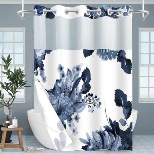 1 No Hook Shower Curtain and Liner Set, Blue Floral Shower Curtains for Bathroom, Modern Hotel Bathroom Curtain Sets with Snap in Liner, 71x74 Inches