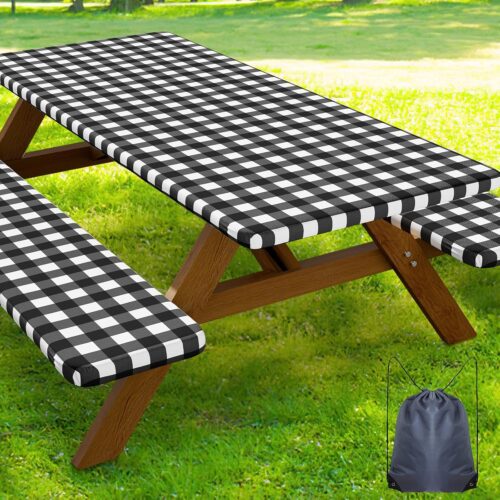 1 Picnic Table Cover with Bench Covers, Waterproof Elastic Fitted Tablecloths for 6 Foot Rectangle Tables, Washable Buffalo Plaid Tablecloth for Camping, Outdoor (Black & White, 30"x72")
