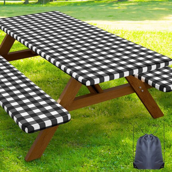 Picnic Table Cover with Bench Covers, Waterproof Elastic Fitted Tablecloths for 6 Foot Rectangle Tables, Washable Buffalo Plaid Tablecloth for Camping, Outdoor (Black & White, 30"x72") 1