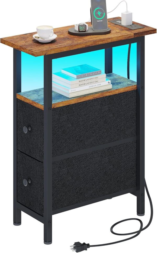 End Table with Charging Station, Narrow Side Table with 2 Fabric Drawers, Skinny Nightstand with LED Light, Slim Bedside Table for Bedroom, Living Room, Small Spaces, Rustic Brown and Black 1