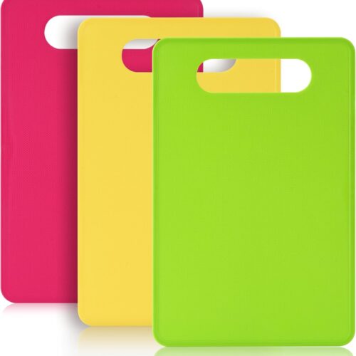 1 Plastic Cutting Board Set, 3 Pack Small Chopping Boards for Kitchen, BPA-Free, Dishwasher Safe, Color Coded Boards Pads for Meat Vegetable Fruit, Easy Grip Handle, Non-Slip, Space Saving