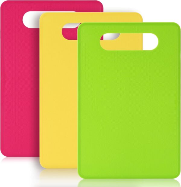 Plastic Cutting Board Set, 3 Pack Small Chopping Boards for Kitchen, BPA-Free, Dishwasher Safe, Color Coded Boards Pads for Meat Vegetable Fruit, Easy Grip Handle, Non-Slip, Space Saving 1