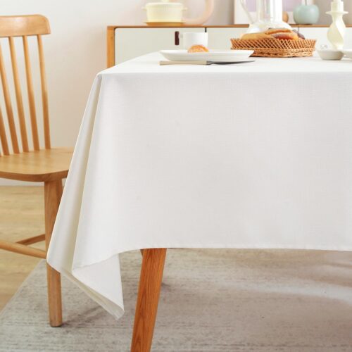 1 Table Cloth (Fits 4 Foot Table) Rectangle Linen Waterproof Textured White Tablecloth, Washable Wrinkle Free Spill Proof Fabric Tablecloths for Dining Table Farmhouse, 52x70 Inch