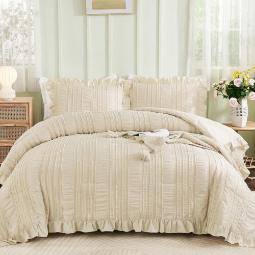 1 Beige Ruffle Queen Comforter,Boho Shabby Chic Bedding for Queen Bed,Soft Seersucker Farmhouse Bedding Set with 1 Ruffled Comforter,2 Tufted Pillowcases 90"×90"