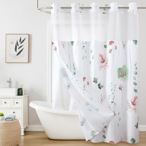 1 Flower Shower Curtain with Snap in Liner, Sage Green and Pink Watercolor Floral Cloth Bath Curtains, No Hook Shower Curtains with Mesh Top Window, Waterproof Bathroom Curtain Set, 72 x 75 Inch