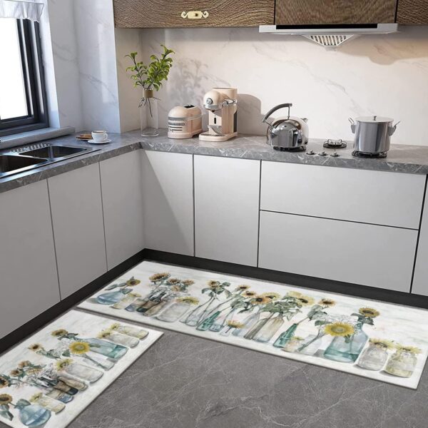 Sunflower Farmhouse Kitchen Rugs Set of 2,Colorful Spring Summer Flowers Kitchen Rugs and Mats Non Skid Washable,Farmhouse Kitchen Runner Rugs with Rubber Backing (17"x48"+17"x30") 2