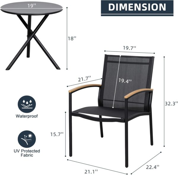 3-Piece Patio Bistro Set with Wood-Look Armrests, Sturdy Steel Outdoor Furniture with 2 Stationary Chairs & Metal Side Table for Small Balcony, Apartment Porch, and Backyard, Black 2