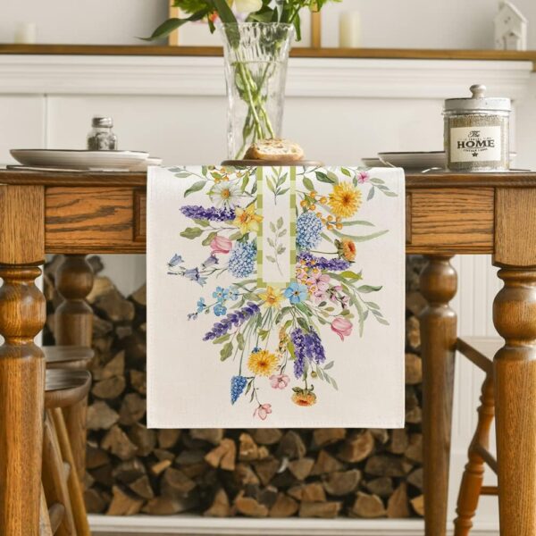 Bloom Flowers Florals Lavender Summer Table Runner, Seasonal Spring Holiday Kitchen Dining Table Decoration for Home Party Indoor 13x72 Inch 2
