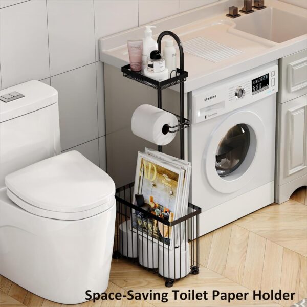 X-cosrack Freestanding Toilet Paper Holder Toilet Tissue Rack Scroll Stand Roll Dispenser with Storage Shelf Reserve for Phone Tablet Magazine Bathroom Organizer Bath Tissue Organizer (Black) 2