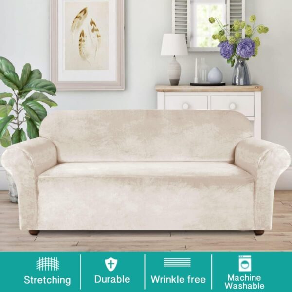 Velvet Couch Covers Sofa Covers for 3 Cushion Couch Stretch Sofa Slipcovers with Non Slip Elastic Bottom Furniture Protector for Pets Crafted from Soft Thick Velvet Fabric (Sofa, Ivory) 2