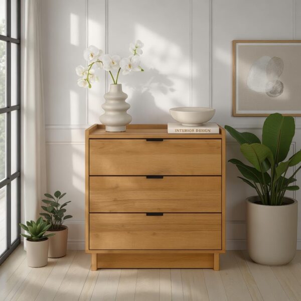 Simply Modern Nightstand Bedside Table, Natural Oak Nightstand for Bedroom, End Table with 3 Drawers 26.5" W x 26.75" H x 16" D 2