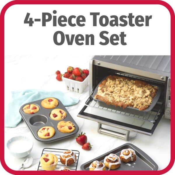 4-Piece Nonstick Steel Toaster Oven Set with Sheet Pan, Rack, Cake Pan, and Muffin Pan, Gray, 4-Piece Set Distributes Heat Evenly, Nonstick Coating, Dishwasher-Safe 2