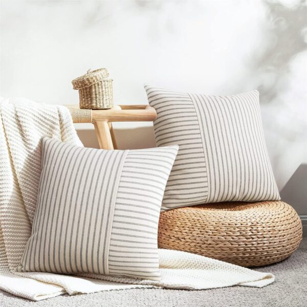 Farmhouse Pillow Covers 18x18, Modern Accent Square Throw Pillow Covers Set of 2, Gray and Beige Striped Patchwork Linen Decorative Pillows Cushion Covers for Couch Chair Bedroom Home Decor 2