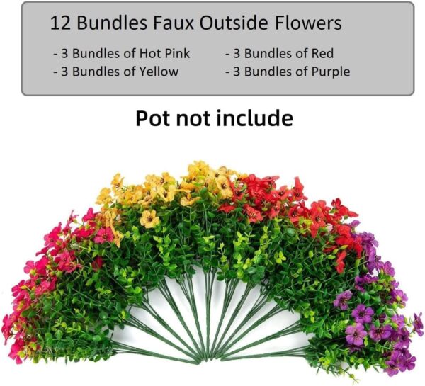 Artificial Flowers for Outdoor Indoor Garden Home Decoration, Faux Flower Daisy with Eucalyptus Leaves Fake Plants Greenery Boxwood Porch Patio, 12 Bundles (Mix Pink Red Purple Yellow) 2