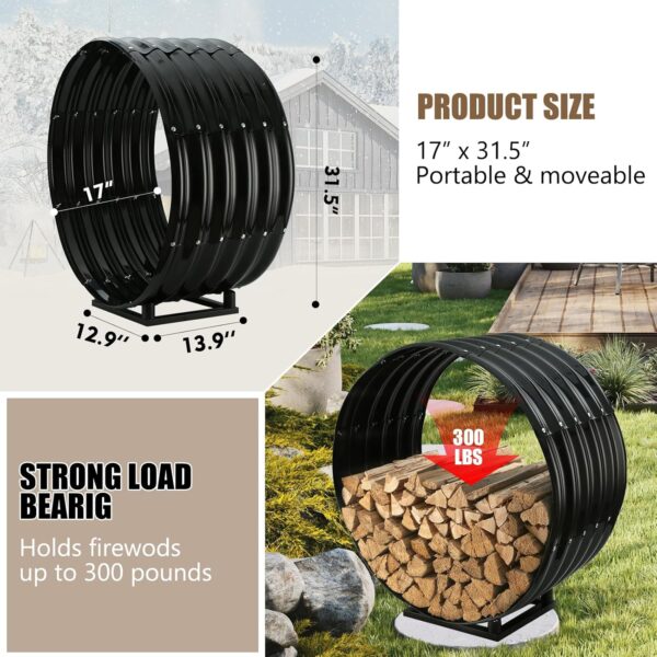 Round Heavy Duty Firewood Rack – Galvanized Wave-Shaped Steel with 4 Sturdy Legs – 0.8mm Thick Black Coated – Indoor or Outdoor Wood Holder for Fireplace,Patio & Deck Fire Pit (2.7FT Diameter+Base) 2