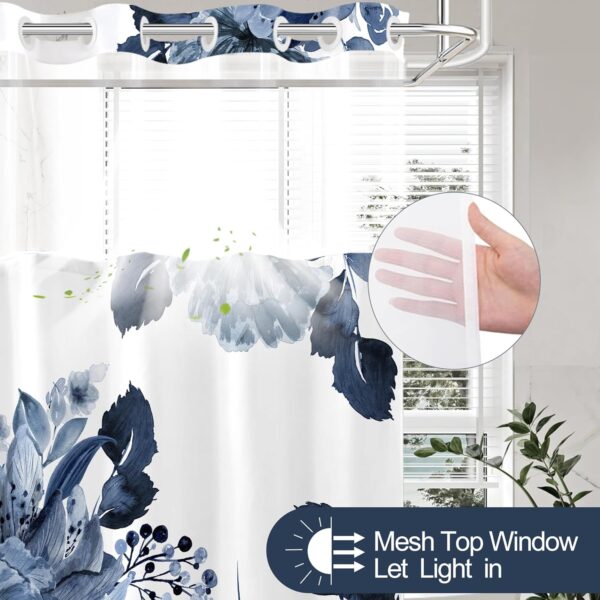 No Hook Shower Curtain and Liner Set, Blue Floral Shower Curtains for Bathroom, Modern Hotel Bathroom Curtain Sets with Snap in Liner, 71x74 Inches 2