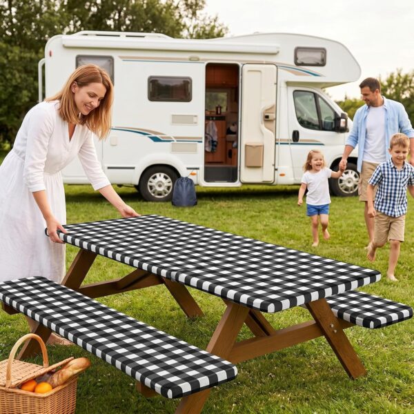 Picnic Table Cover with Bench Covers, Waterproof Elastic Fitted Tablecloths for 6 Foot Rectangle Tables, Washable Buffalo Plaid Tablecloth for Camping, Outdoor (Black & White, 30"x72") 2