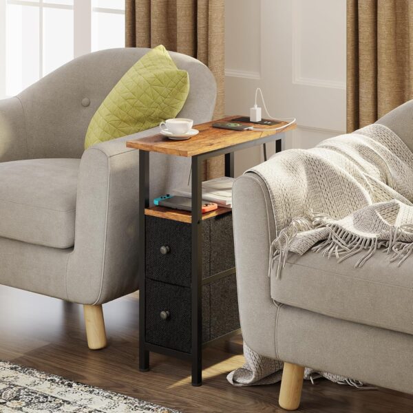 End Table with Charging Station, Narrow Side Table with 2 Fabric Drawers, Skinny Nightstand with LED Light, Slim Bedside Table for Bedroom, Living Room, Small Spaces, Rustic Brown and Black 2