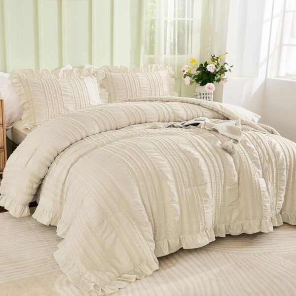 Beige Ruffle Queen Comforter,Boho Shabby Chic Bedding for Queen Bed,Soft Seersucker Farmhouse Bedding Set with 1 Ruffled Comforter,2 Tufted Pillowcases 90"×90" 2