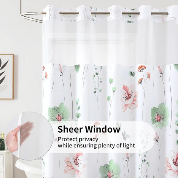 Flower Shower Curtain with Snap in Liner, Sage Green and Pink Watercolor Floral Cloth Bath Curtains, No Hook Shower Curtains with Mesh Top Window, Waterproof Bathroom Curtain Set, 72 x 75 Inch 2