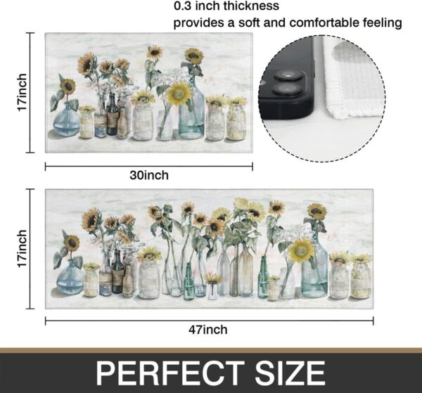 Sunflower Farmhouse Kitchen Rugs Set of 2,Colorful Spring Summer Flowers Kitchen Rugs and Mats Non Skid Washable,Farmhouse Kitchen Runner Rugs with Rubber Backing (17"x48"+17"x30") 3