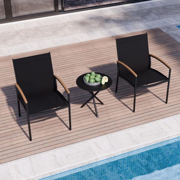 3-Piece Patio Bistro Set with Wood-Look Armrests, Sturdy Steel Outdoor Furniture with 2 Stationary Chairs & Metal Side Table for Small Balcony, Apartment Porch, and Backyard, Black 3