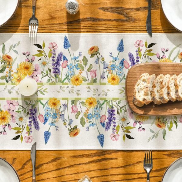 Bloom Flowers Florals Lavender Summer Table Runner, Seasonal Spring Holiday Kitchen Dining Table Decoration for Home Party Indoor 13x72 Inch 3