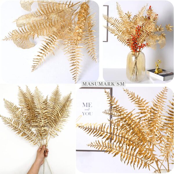 Artificial Golden Plants 30" 2 Pack, Fake Areca Palm Tropical Leaf Plastic Boston Plant for Home Kitchen Party Flowers Arrangement Wedding Decorations Gold Leaves Christmas DIY Decor 3
