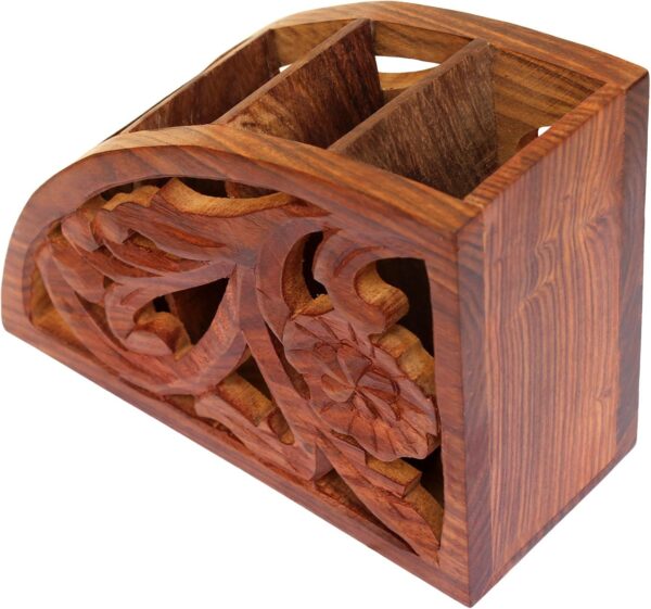 Wooden Floral Carved Remote Control Rack Stand Holder Storage Organizer Home Office Decor 3