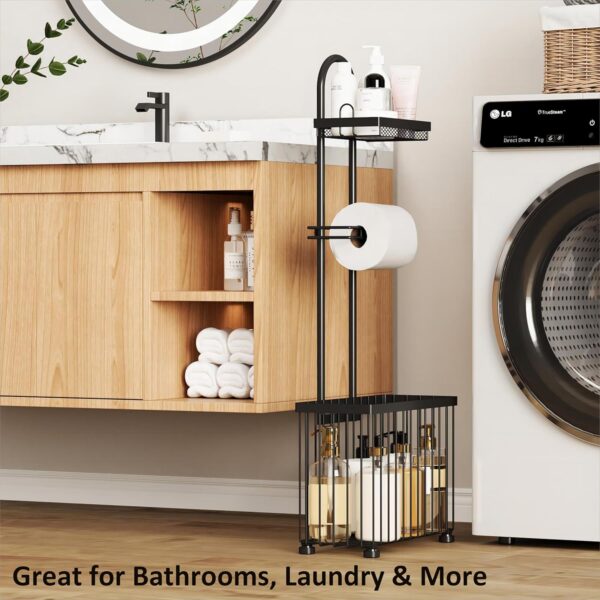 X-cosrack Freestanding Toilet Paper Holder Toilet Tissue Rack Scroll Stand Roll Dispenser with Storage Shelf Reserve for Phone Tablet Magazine Bathroom Organizer Bath Tissue Organizer (Black) 3