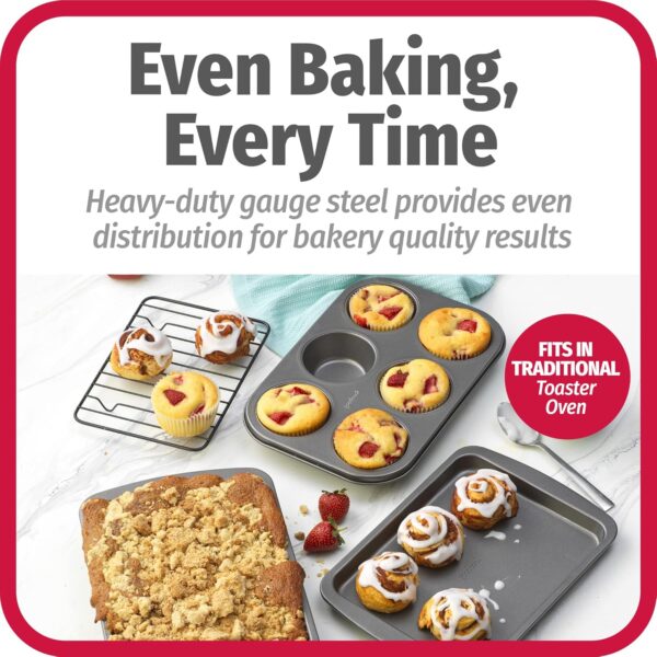 4-Piece Nonstick Steel Toaster Oven Set with Sheet Pan, Rack, Cake Pan, and Muffin Pan, Gray, 4-Piece Set Distributes Heat Evenly, Nonstick Coating, Dishwasher-Safe 3