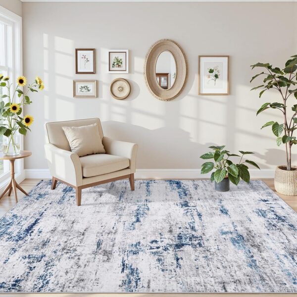 Area Rug Living Room Rugs: 5x7 Large Soft Indoor Carpet Modern Abstract Rug with Non Slip Rubber Backing for Under Dining Table Nursery Home Office Bedroom White Gray Blue 3