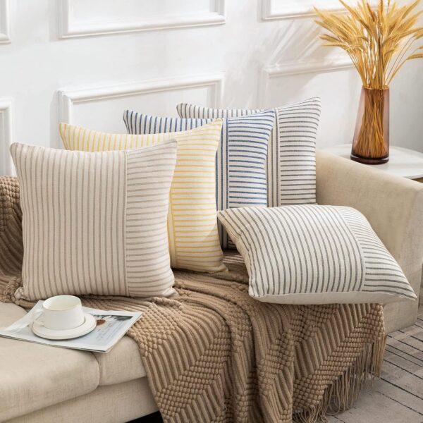 Farmhouse Pillow Covers 18x18, Modern Accent Square Throw Pillow Covers Set of 2, Gray and Beige Striped Patchwork Linen Decorative Pillows Cushion Covers for Couch Chair Bedroom Home Decor 3