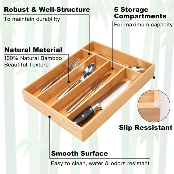 Silverware Organizer Kitchen Drawer Organizer Utensil Organizer Bamboo Silverware Holder Cutlery Organizer in Drawer Flatware Organizer Tray(5 slots, Natural 3