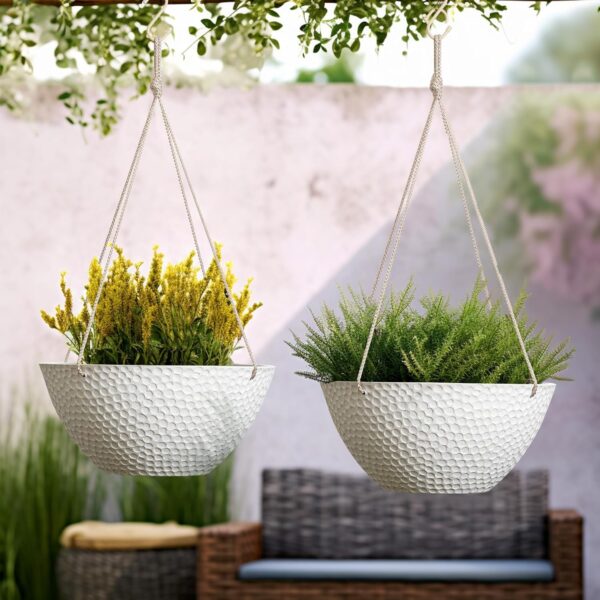 Hanging Planters for Outdoor Plants, Large Hanging Planter with Drain Holes, Outdoor Hanging Flower Pots, White Stone, Honeycomb (13.2 Inch, Set of 2) 3