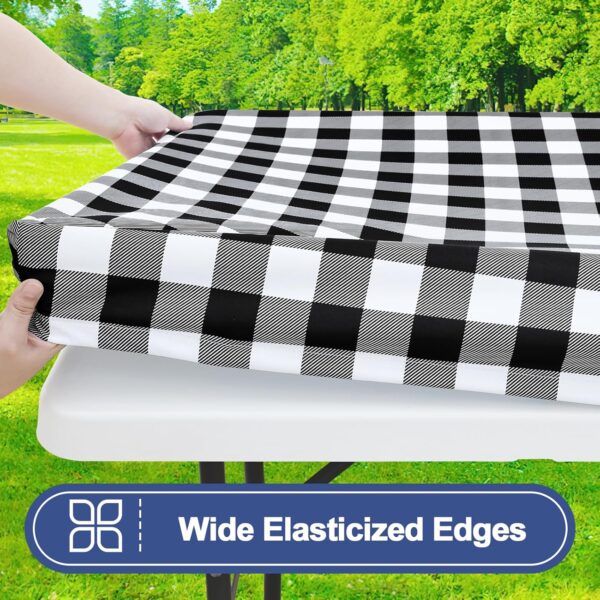 Picnic Table Cover with Bench Covers, Waterproof Elastic Fitted Tablecloths for 6 Foot Rectangle Tables, Washable Buffalo Plaid Tablecloth for Camping, Outdoor (Black & White, 30"x72") 3
