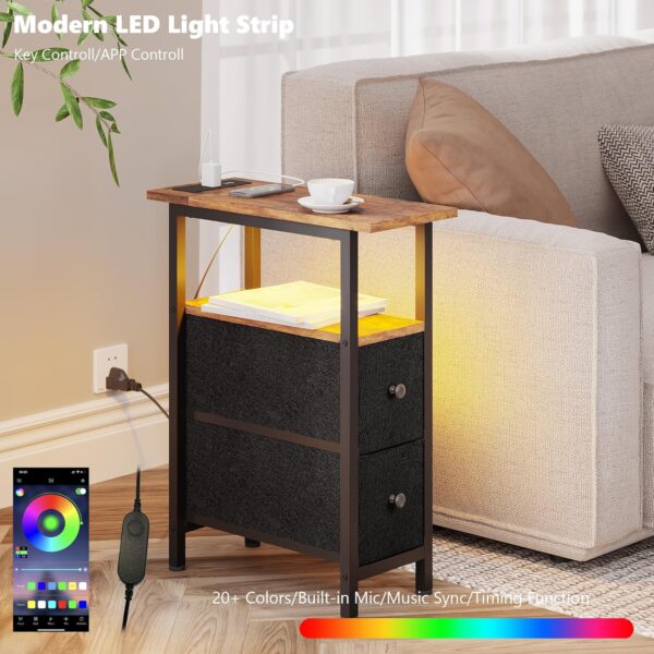 End Table with Charging Station, Narrow Side Table with 2 Fabric Drawers, Skinny Nightstand with LED Light, Slim Bedside Table for Bedroom, Living Room, Small Spaces, Rustic Brown and Black 3