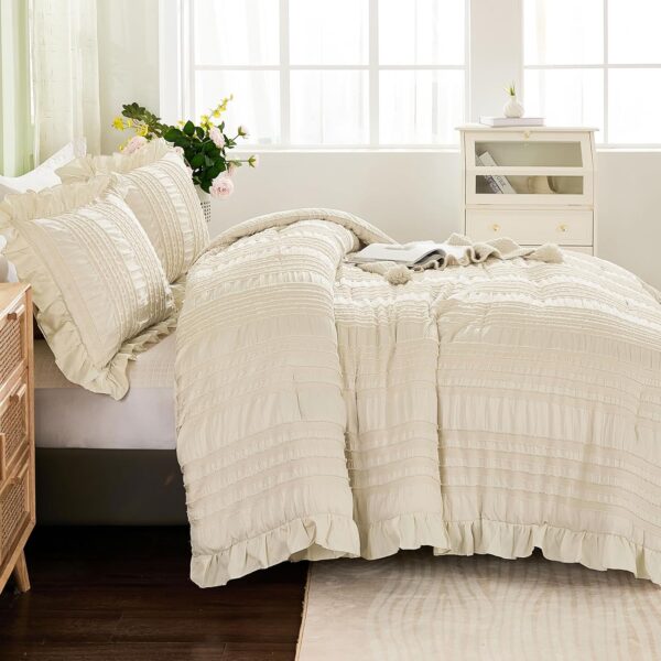 Beige Ruffle Queen Comforter,Boho Shabby Chic Bedding for Queen Bed,Soft Seersucker Farmhouse Bedding Set with 1 Ruffled Comforter,2 Tufted Pillowcases 90"×90" 3