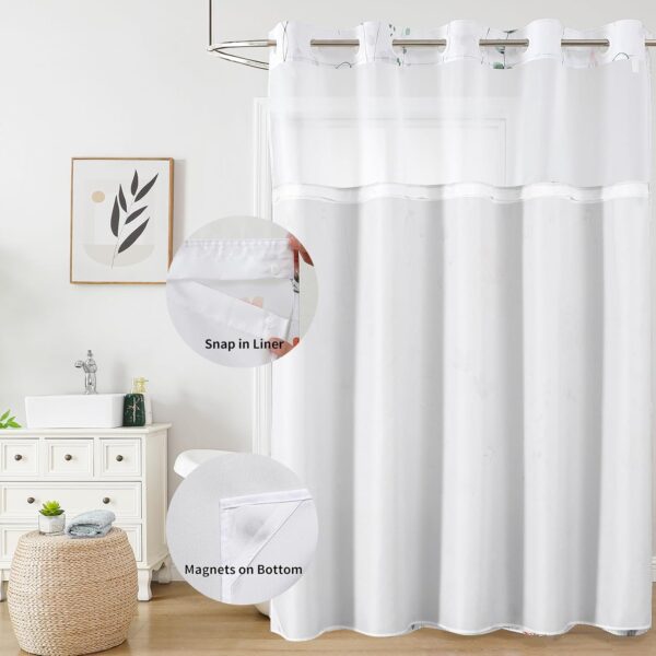 Flower Shower Curtain with Snap in Liner, Sage Green and Pink Watercolor Floral Cloth Bath Curtains, No Hook Shower Curtains with Mesh Top Window, Waterproof Bathroom Curtain Set, 72 x 75 Inch 3
