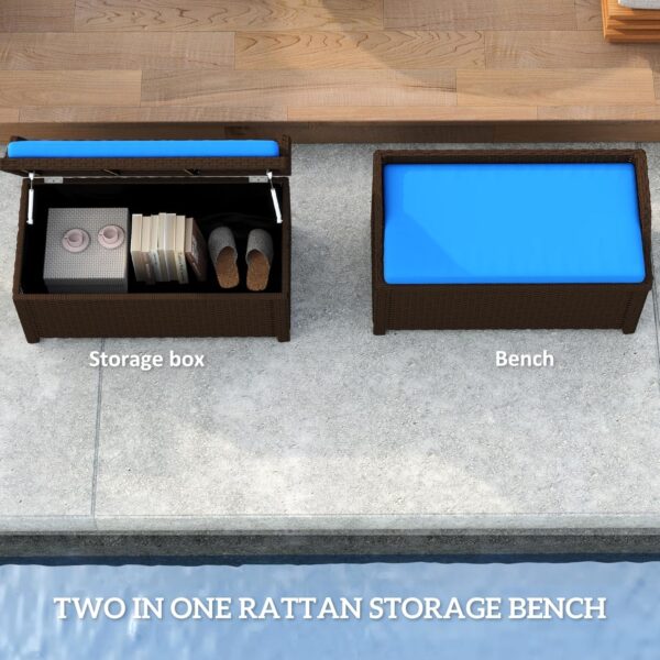 Outdoor Wicker Storage Bench Deck Box, PE Rattan Patio Furniture Pool Storage Bin Container with Interior Waterproof Cloth Bag and Comfortable Cushion, Navy Blue 4