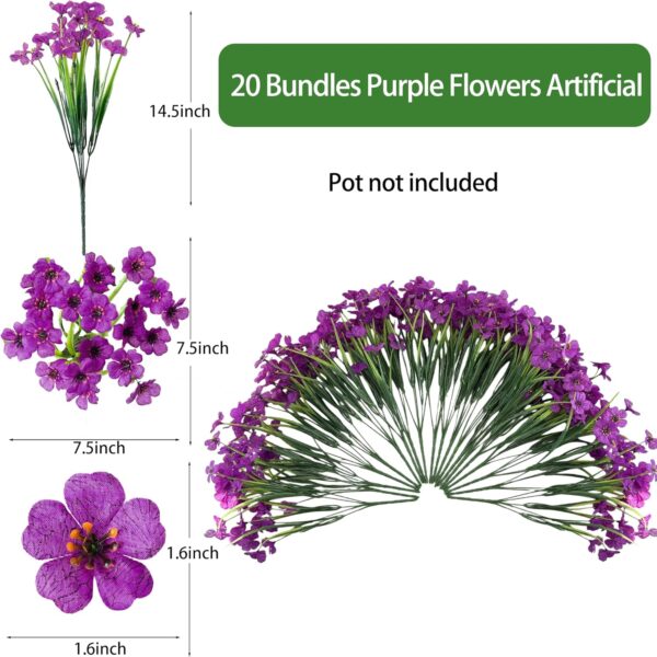 20 Bundles Artificial Flowers for Outdoors, UV Resistant Fake Realistic Flowers with Plastic Plants Spring Decor, Faux Silk Flowers for Outside Window Box Front Porch Planter Decor-Purple 4
