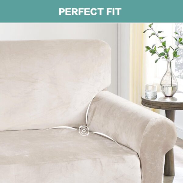 Velvet Couch Covers Sofa Covers for 3 Cushion Couch Stretch Sofa Slipcovers with Non Slip Elastic Bottom Furniture Protector for Pets Crafted from Soft Thick Velvet Fabric (Sofa, Ivory) 4