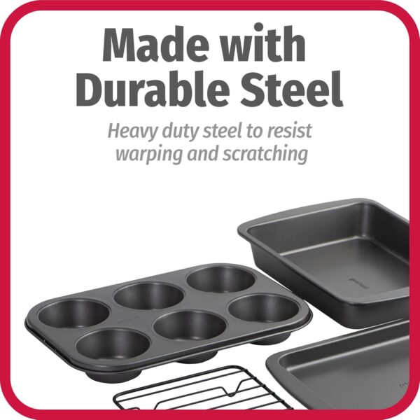 4-Piece Nonstick Steel Toaster Oven Set with Sheet Pan, Rack, Cake Pan, and Muffin Pan, Gray, 4-Piece Set Distributes Heat Evenly, Nonstick Coating, Dishwasher-Safe 4
