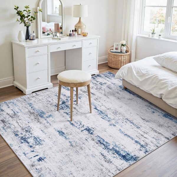 Area Rug Living Room Rugs: 5x7 Large Soft Indoor Carpet Modern Abstract Rug with Non Slip Rubber Backing for Under Dining Table Nursery Home Office Bedroom White Gray Blue 4
